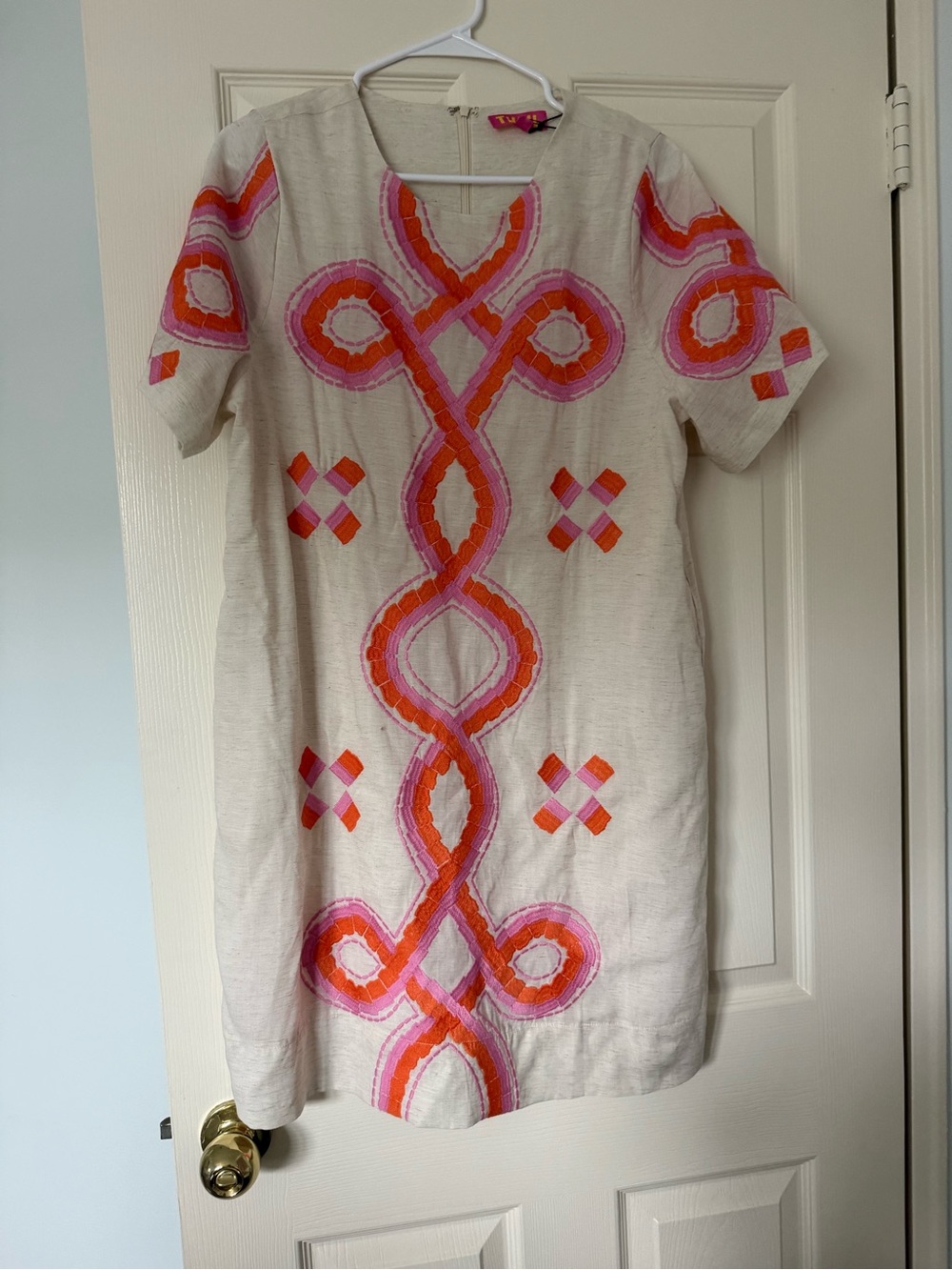 Women's Embroidered Linen-Blend Shift Dress in Beige with Pink & Orange Accents